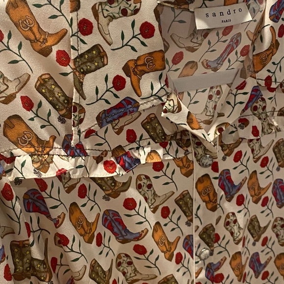 Sandro Paris Belt Midi Fun Cowboy boots print Long Sleeve Button Cottage size M - Picture 2 of 4